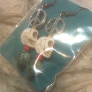 Boho Peace Sign Skull Drop Earrings in White and Turquoise